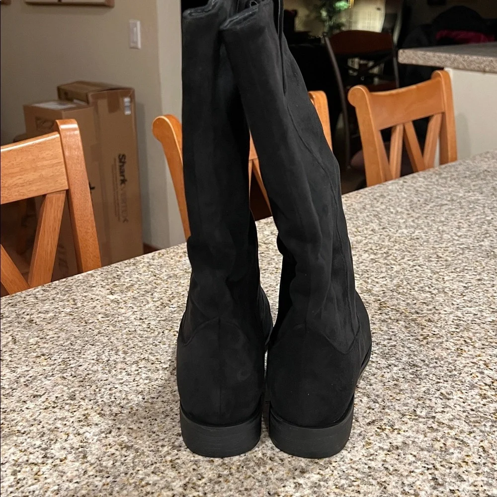 Flat Heel Western Boots Round Toe Suede Mid Calf Cowboy Boots Wide Calf Pull On